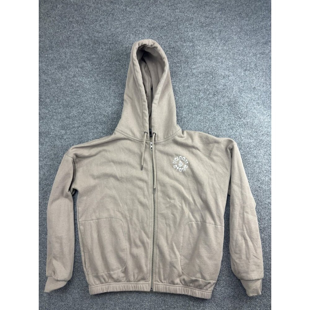 Volcom Hoodie Womens Small Brown Zip Up Graphic‎ Sweatshirt Back Print Logo